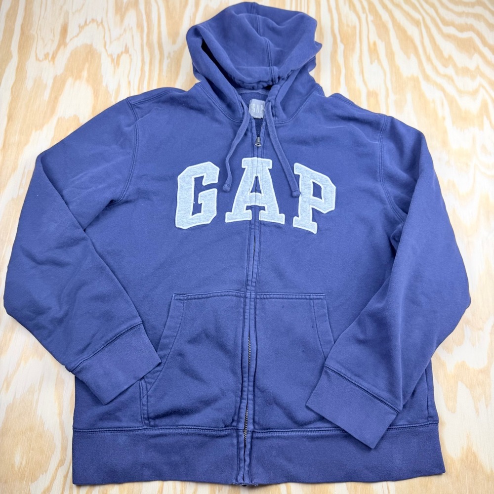 Y2K Gap Mens Arch Logo Full Zip Hoodie Blue Fleece‎ Sweatshirt Large